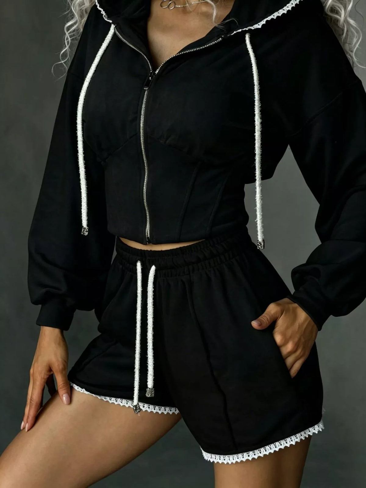 Plush Fashion Hub zip-up hooded outerwear and shorts set, soft plush fabric, casual loungewear for comfortable style.