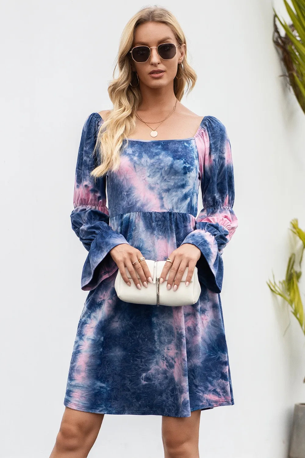 Plush Fashion Hub Ivy Lane tie-dye square neck dress with flounce sleeves, casual boho style, vibrant multicolor pattern.