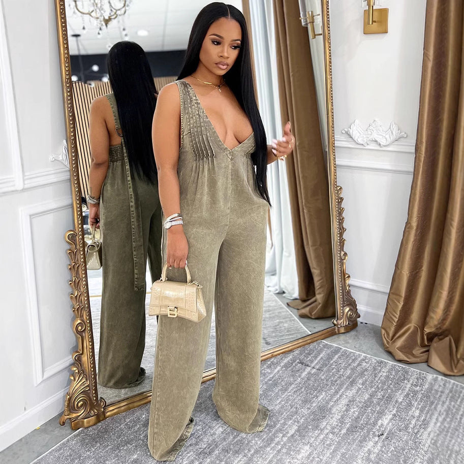Eprolo women's denim jumpsuit with backless design, sleeveless, solid color, loose fit, casual overall dress.