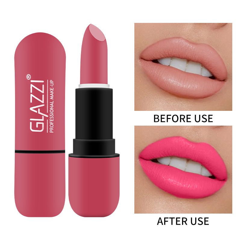 Pink matte Glazzi lipstick next to two lip photos labeled before and after use.