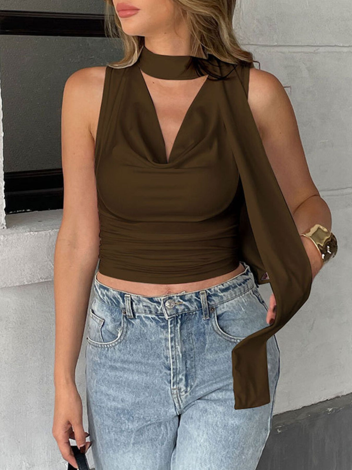 Elegant satin-feel cowl neck sleeveless blouse with ruched detailing, perfect for stylish outfits, by Plush Fashion Hub.