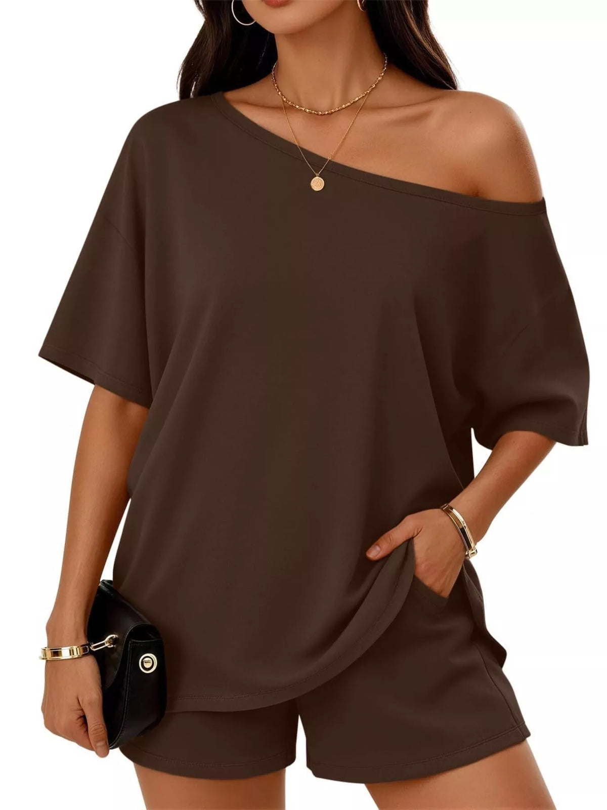 Plus size one shoulder top and shorts set from Plush Fashion Hub, stylish casual outfit with comfortable fit and trendy design.