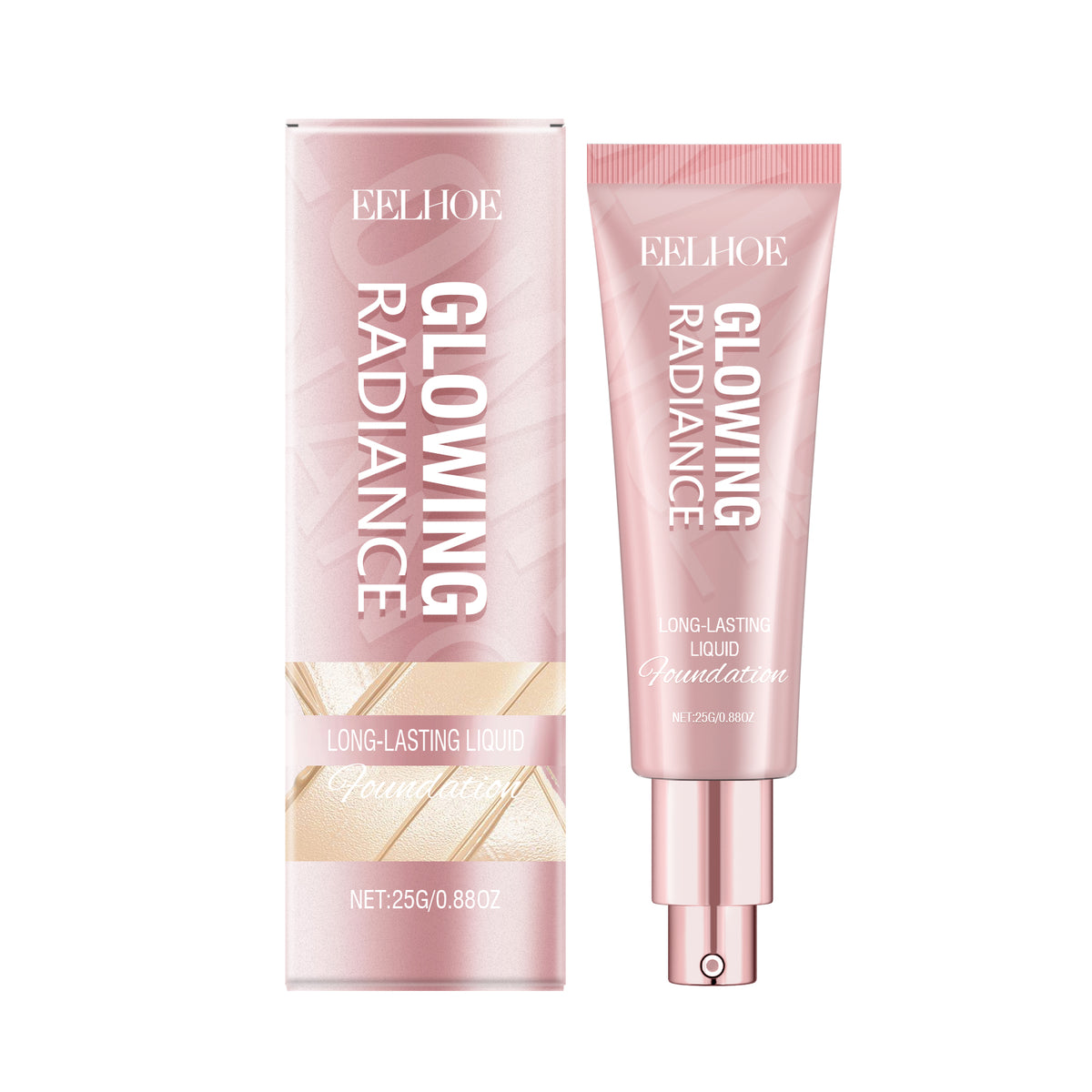 Metallic pink Eelhoe glowing radiance liquid foundation tube and matching box with white text.