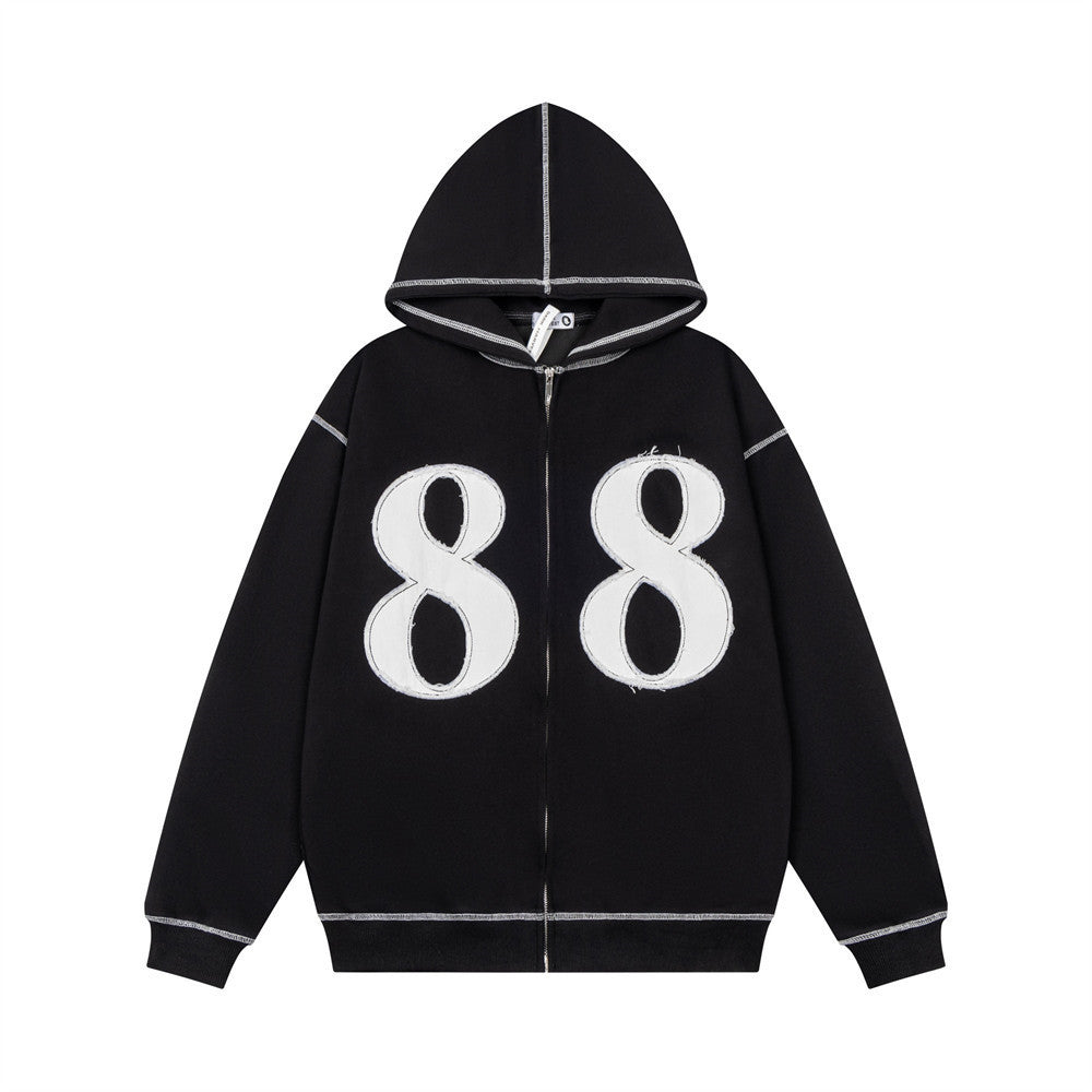 Black zip-up hoodie featuring white distressed "88" patches and contrast grey stitching.