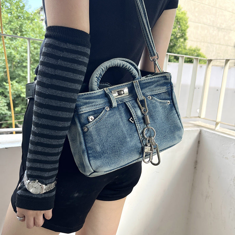 Vintage denim platinum shoulder bag by Plush Fashion Hub, versatile crossbody handbag for women with stylish design.