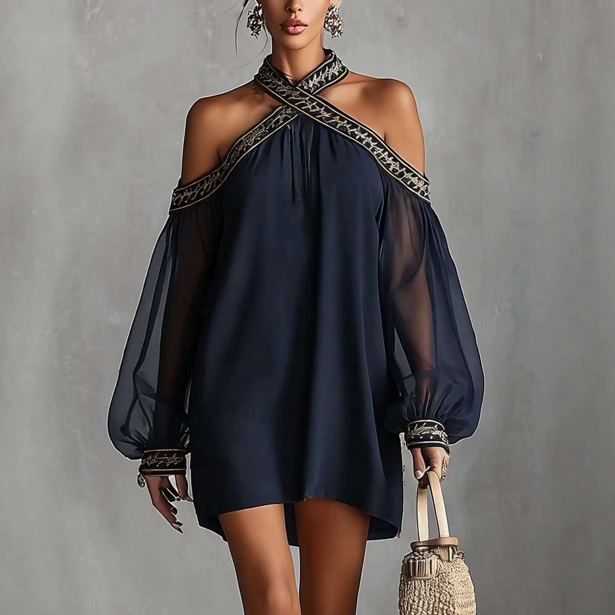 Embroidered strapless off-shoulder sheer lantern sleeve dress by Plush Fashion Hub, featuring intricate embroidery and flowing silhouette.