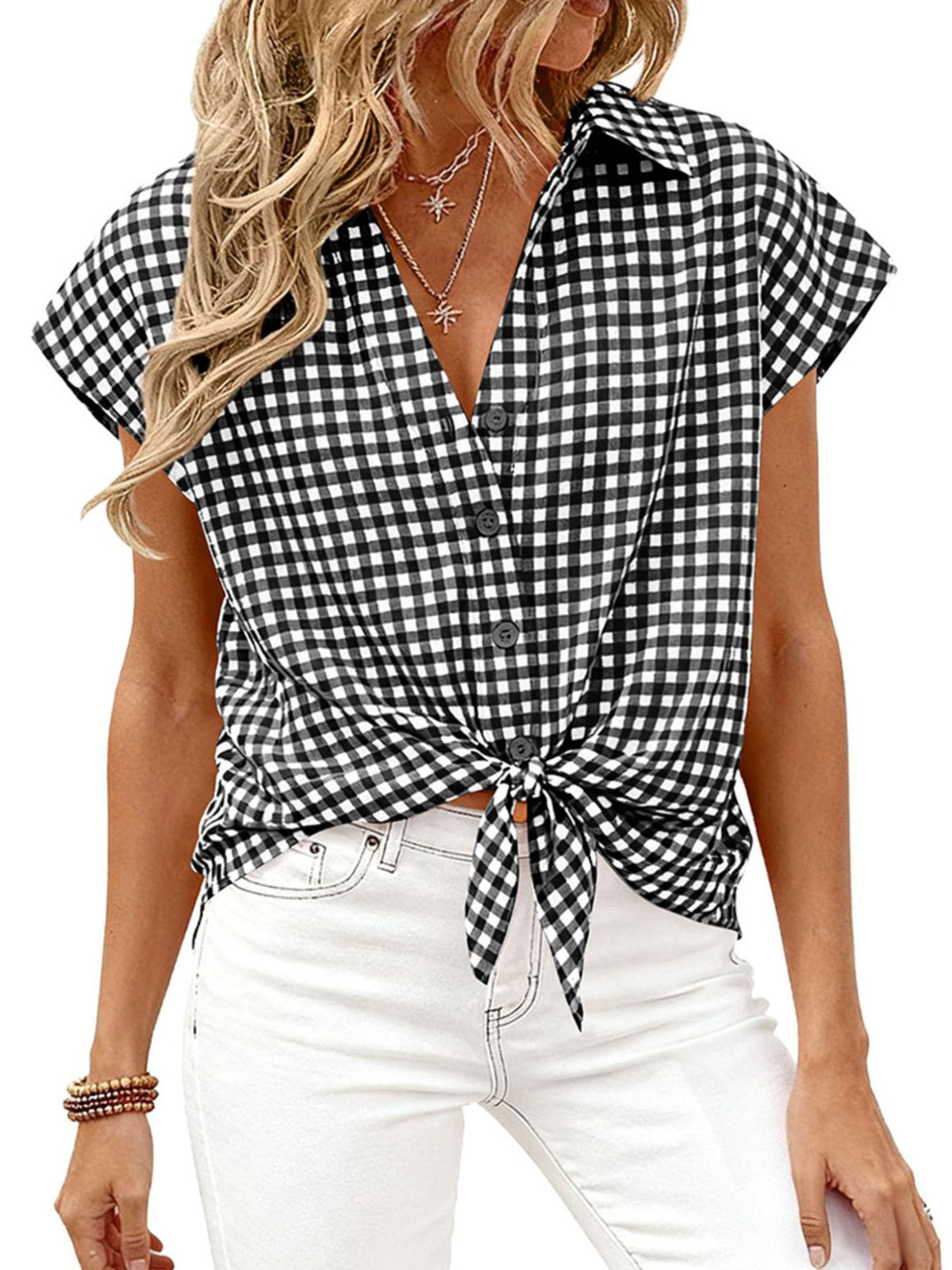 Women’s gingham print button-down shirt with tie detail from Plush Fashion Hub, featuring a classic style and collar.