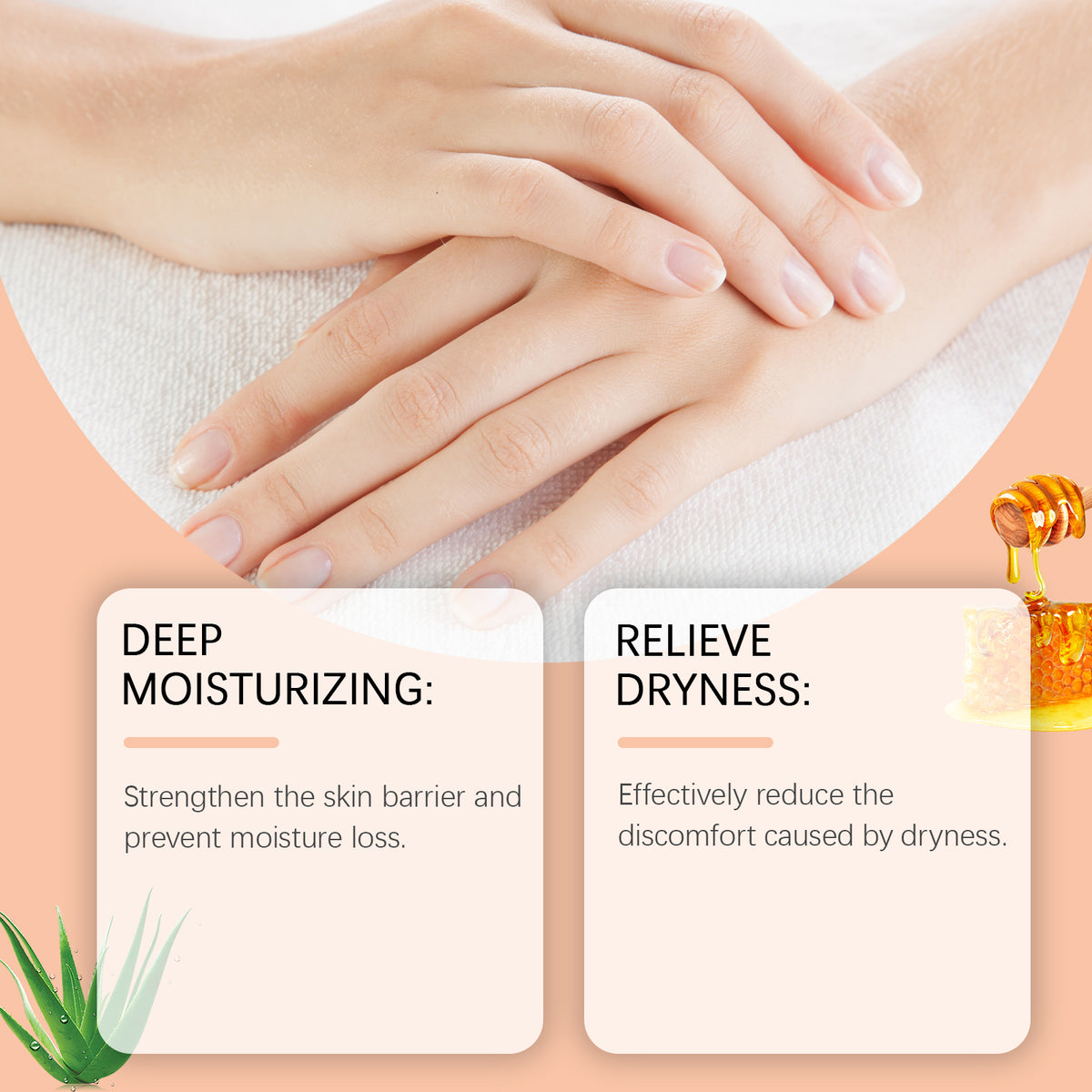 Soft hands resting on a white towel, beside text blocks for moisturizing and dryness relief, with honey and aloe.