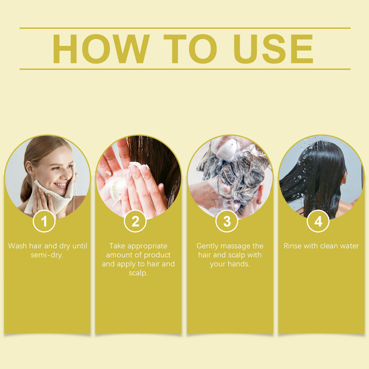 Infographic showing four numbered steps to use hair product: 1. Wash/dry hair, 2. Apply product, 3. Massage, 4. Rinse.