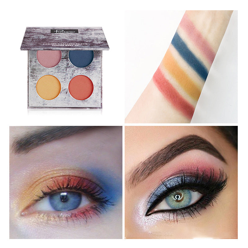Four-pan eyeshadow palette with pink, blue, yellow, and red shades, swatched on arm and applied on eyes.