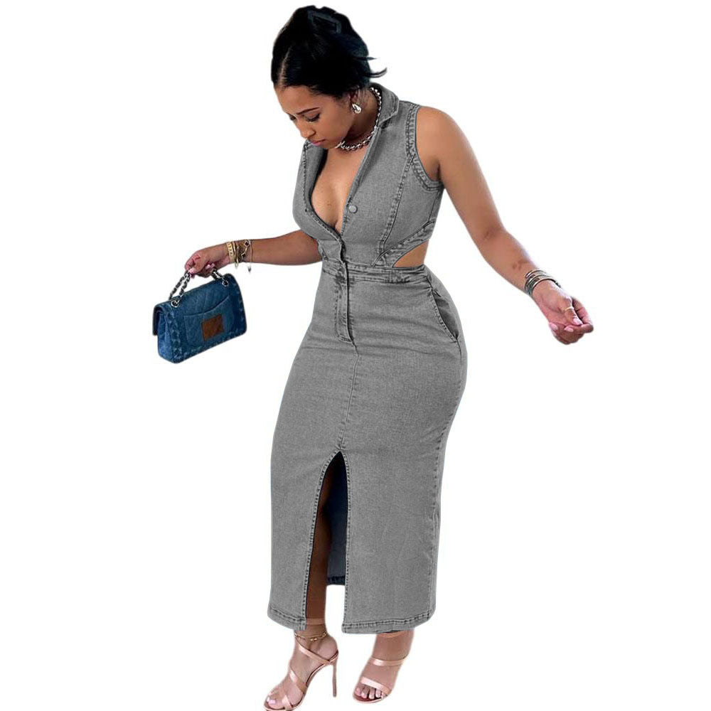 Eprolo women's sleeveless long dress featuring a single-breasted design, necktie, and elastic waist in a stylish street fashion style.