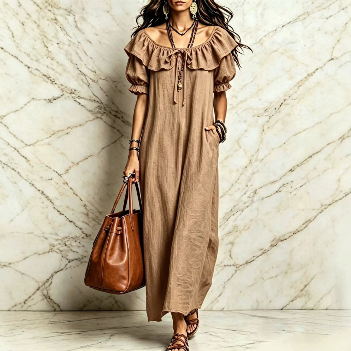 Eprolo casual elegant round neck ruffle beach vacation dress for women, lightweight and stylish for summer outings.