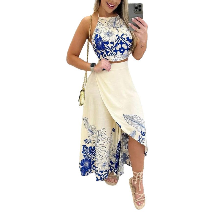 Backless hanging neck long skirt two-piece set by Plush Fashion Hub, featuring a stylish, elegant design with flowing fabric.