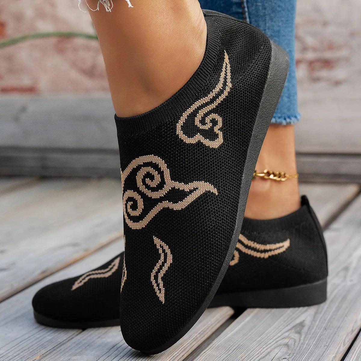 Knit cloud pattern flat loafers in neutral tones, stylish footwear by Trendsi, with a cozy, textured knit design and slip-on style.