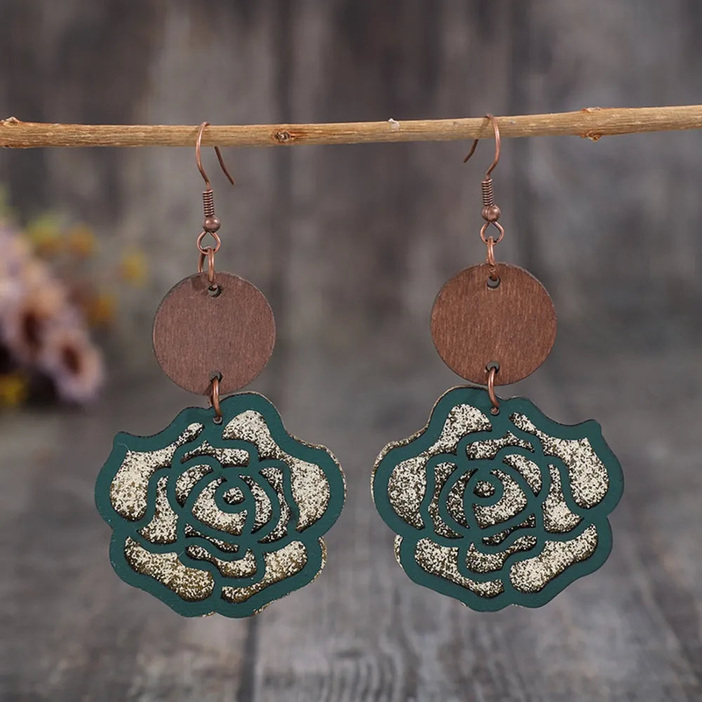 Wooden alloy rose-shaped dangle earrings with floral design, stylish jewelry accessory from Plush Fashion Hub.