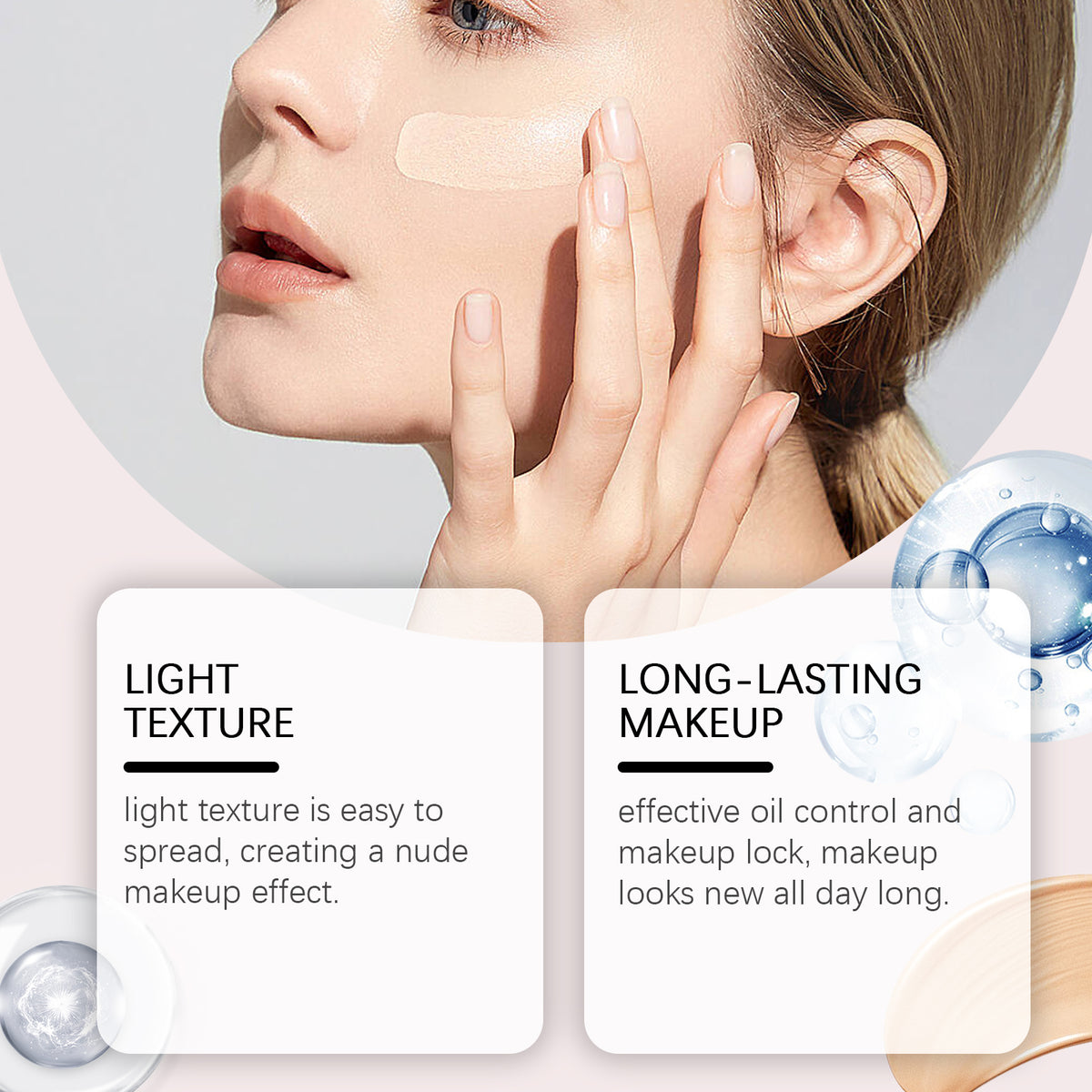 A woman applies light beige liquid foundation on her cheek, with two text boxes below describing light texture and long wear.