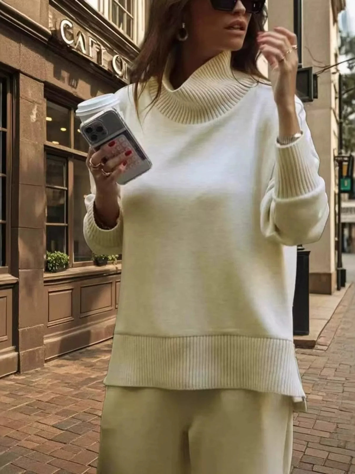 Trendsi turtleneck dropped shoulder top and matching pants set, stylish and comfortable outfit for casual wear.