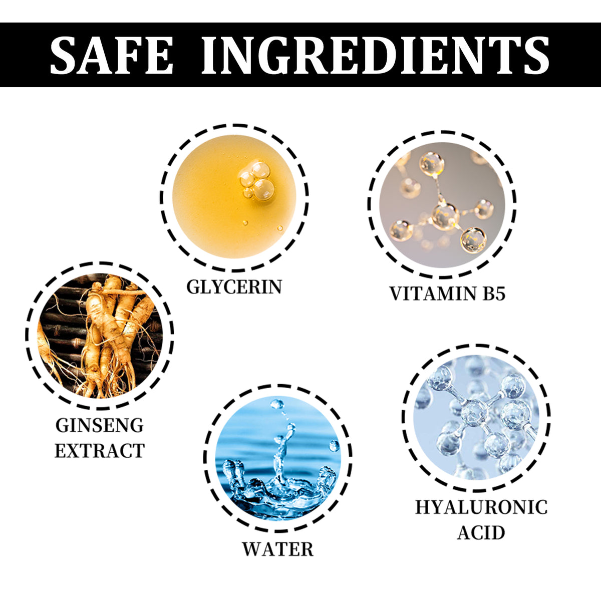 Infographic titled SAFE INGREDIENTS showing four circular icons: Glycerin, Vitamin B5, Ginseng Extract, and Water.