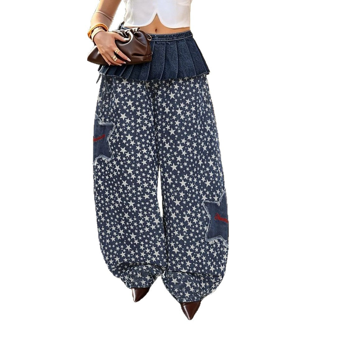 Layered denim pants with star patchwork and removable waist belt by eprolo, showing the stylish design and distressed details.