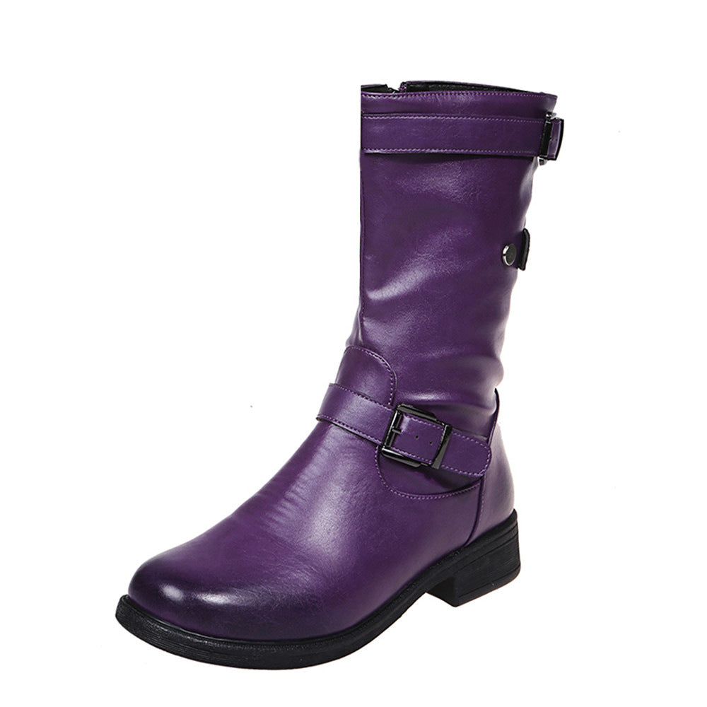 Purple leather mid-calf boot with buckled straps, low heel, and round toe.