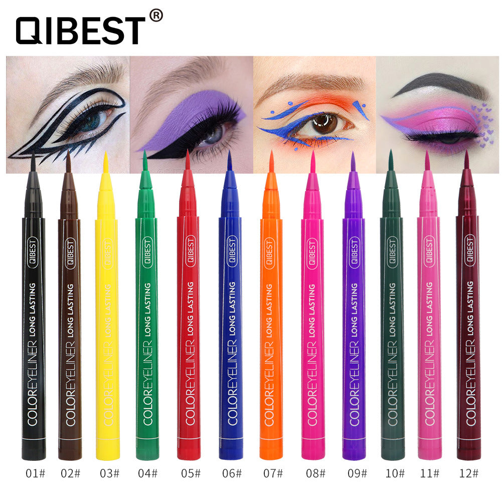Twelve colorful liquid eyeliner pens in black, brown, yellow, green, red, blue, orange, pink, purple, dark green, magenta, and maroon.