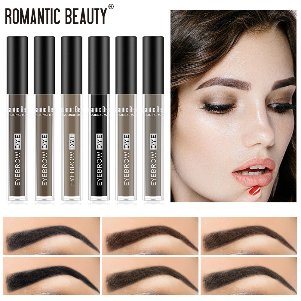 Six clear plastic tubes with black caps of eyebrow dye in various shades of brown and black.