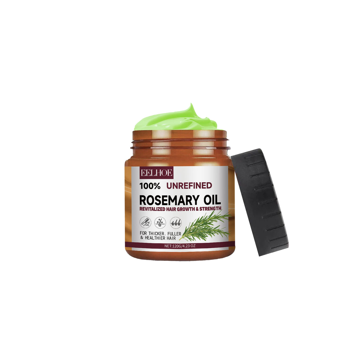 Brown plastic jar of Eelhoe rosemary oil with light green cream, featuring text label and black cap.