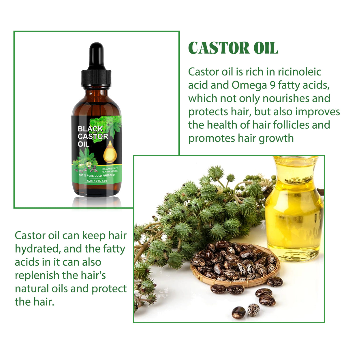 Black castor oil in an amber glass bottle with a black dropper cap and label, alongside text and castor plant elements.