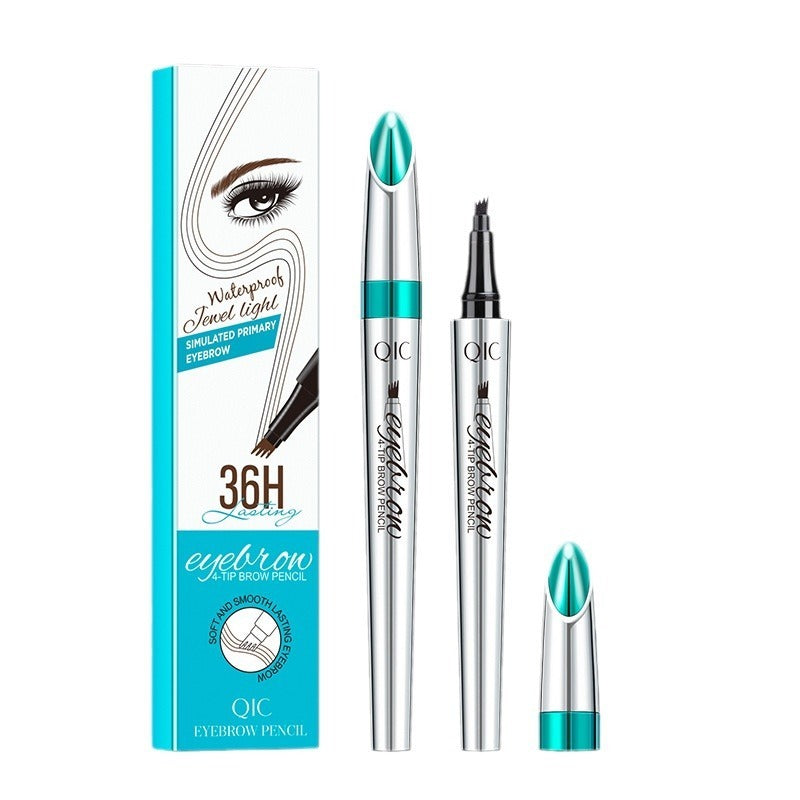 Silver QIC 4-tip eyebrow pencil with turquoise accents, next to its matching turquoise and white product box.