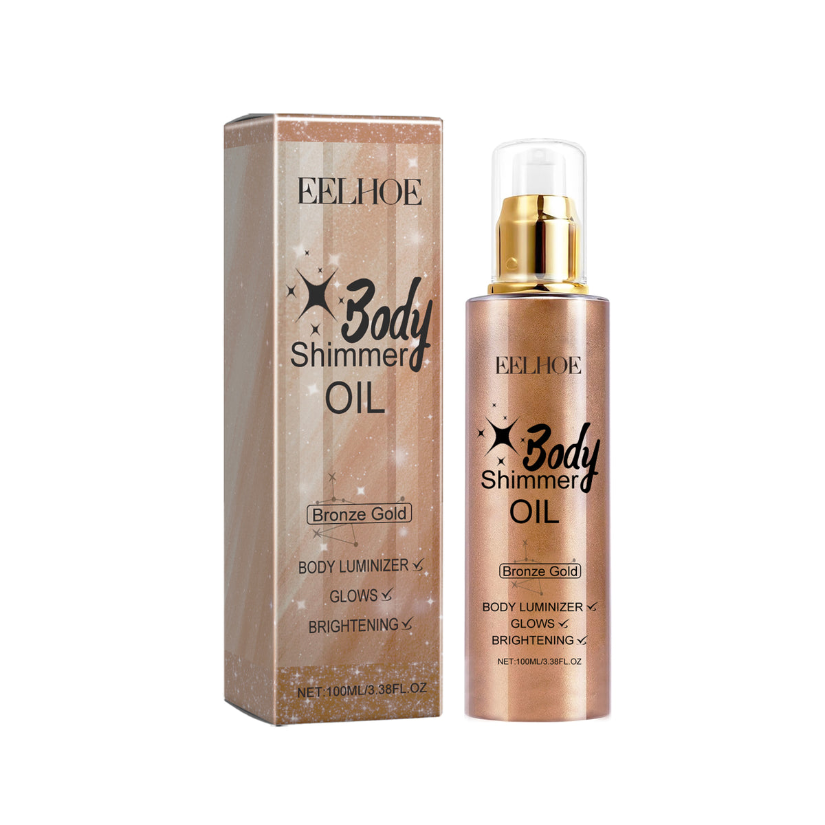 EELHOE Bronze Gold body shimmer oil in a metallic brown pump bottle with matching cardboard box.