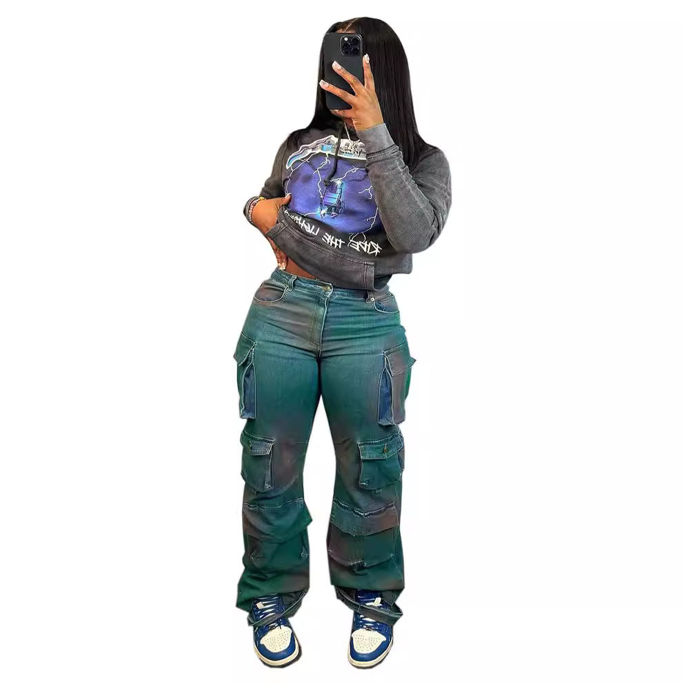 Elastic fabric women's cargo pants by eprolo, featuring multi-pocket design, loose fit, wide-leg, spray-dyed straight leg style.