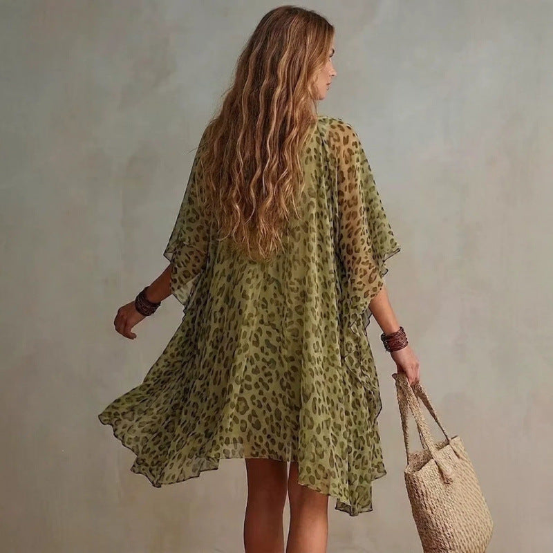 Eprolo V-neck chiffon dress with leopard print, beach vacation cover-up, paired with a beach skirt for a stylish summer look.