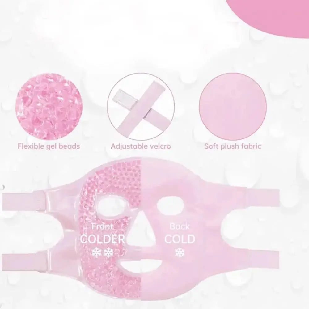Pink gel bead face mask with adjustable velcro straps and soft plush fabric.