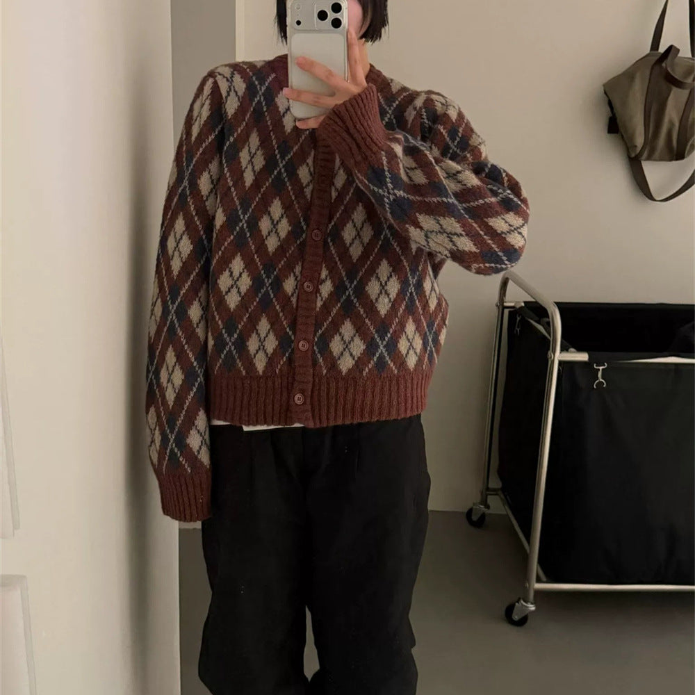 A person wears a brown, blue, and cream argyle patterned button-down sweater with black pants.