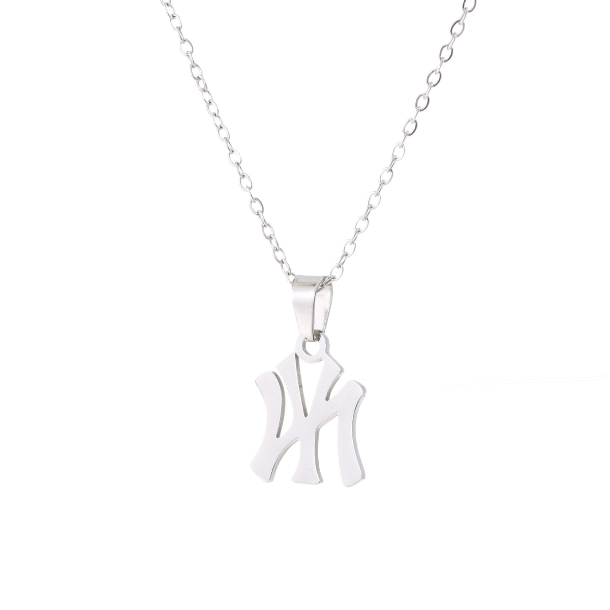 Silver metal chain necklace with interlocking NY Yankees logo pendant.