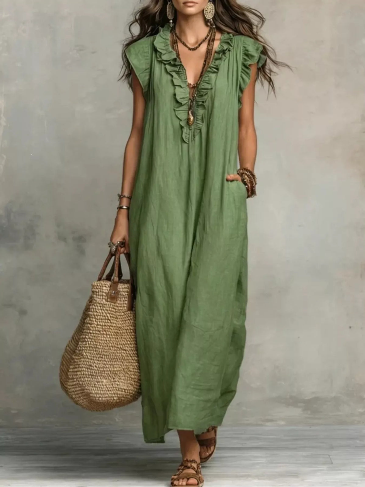 Plus size ruffled V-neck cap sleeve maxi dress by Plush Fashion Hub, full-length flowing dress with layered ruffles and elegant design.
