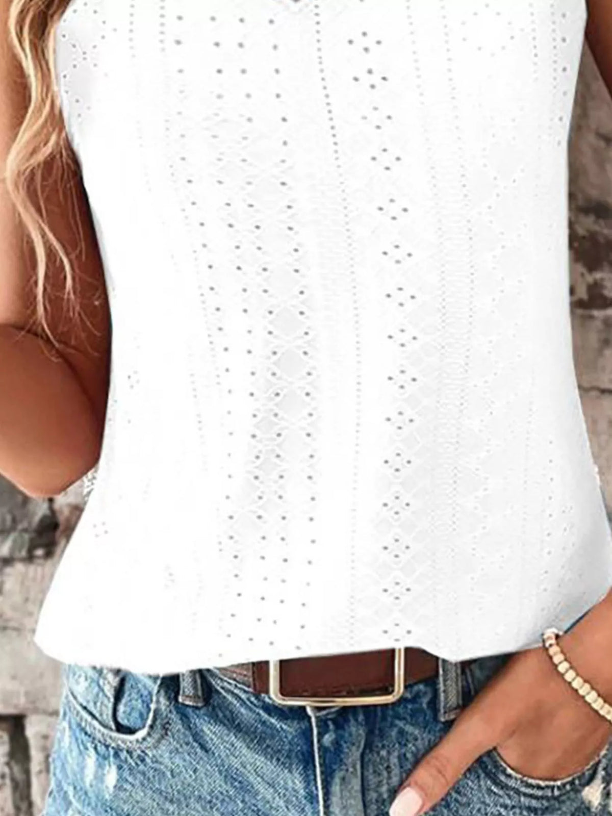 Light blue eyelet lace trim V-neck tank top from Plush Fashion Hub, featuring delicate lace details and a fitted sleeveless design.