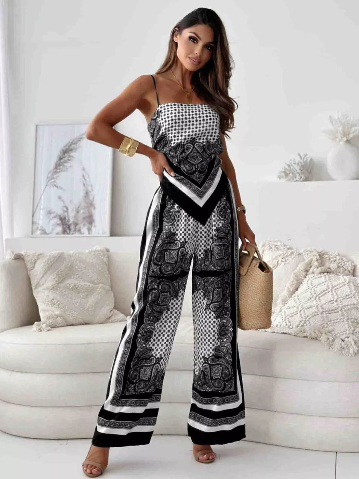 Printed cami and wide-leg pants loungewear set by Plush Fashion Hub, featuring a comfortable camisole top and flowy matching pants.