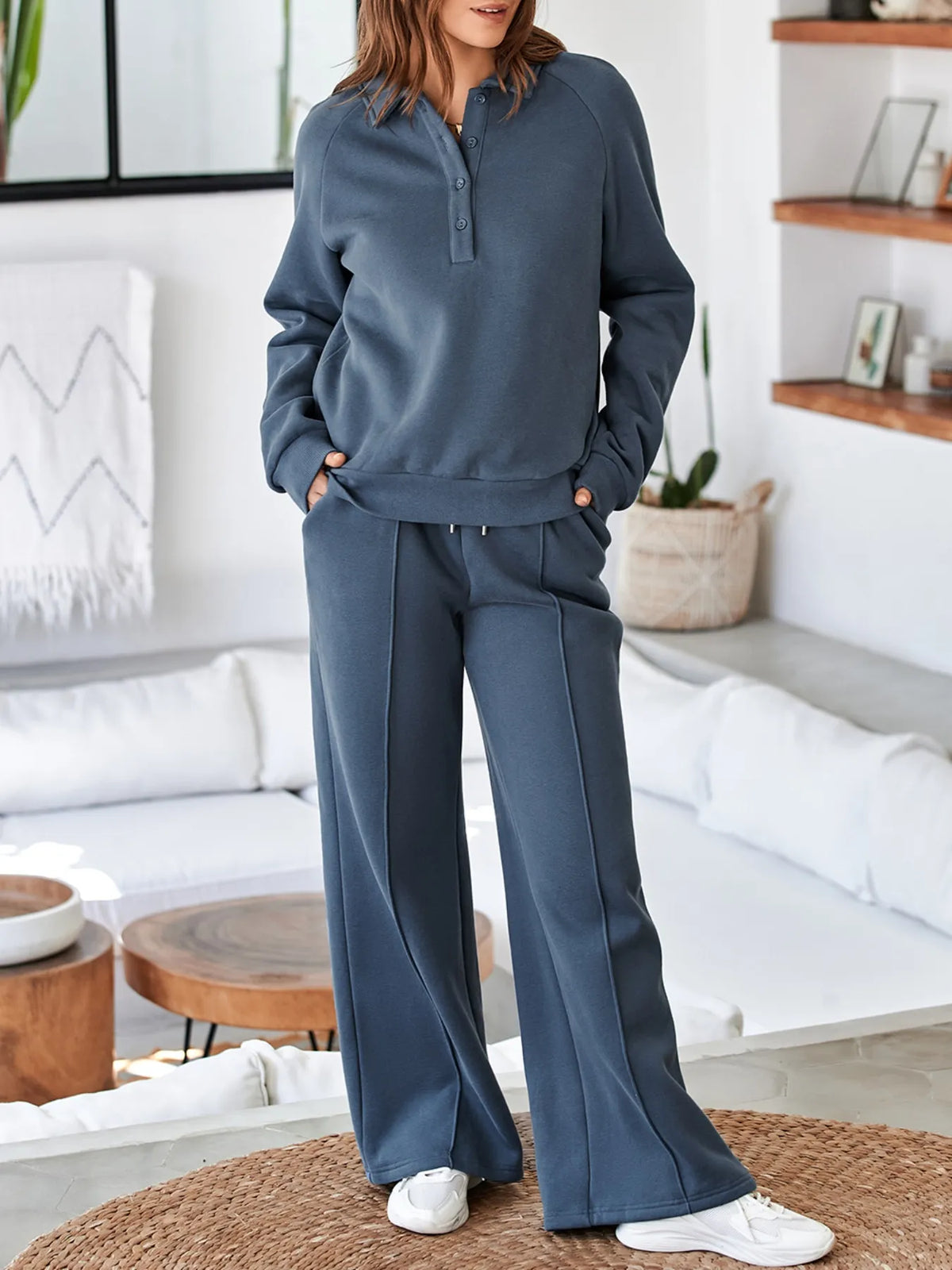Plush Fashion Hub activewear set with a collared sweatshirt and high waist pants, perfect for workouts and casual wear.