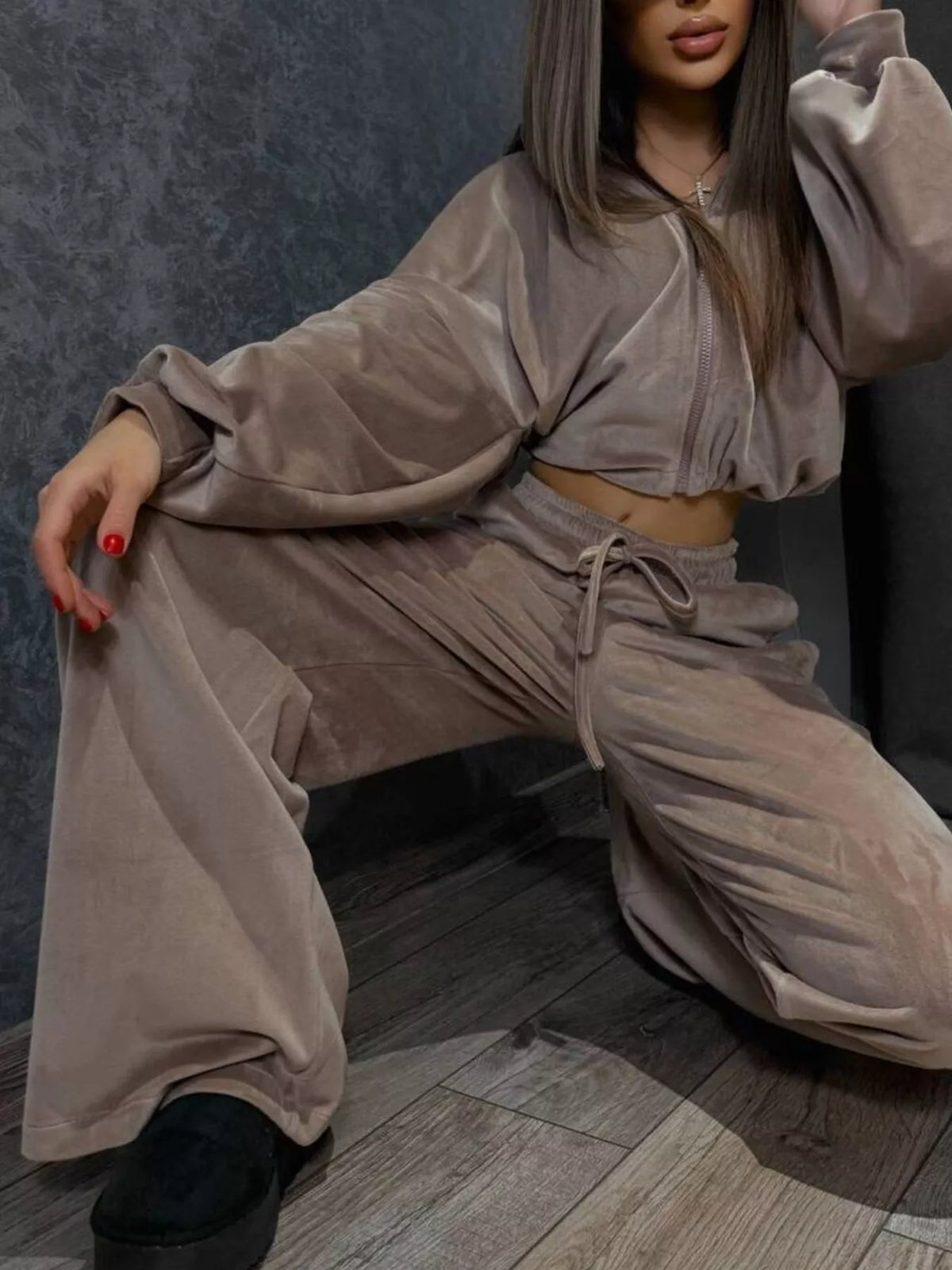 Plush Fashion Hub zip-up cropped outerwear and pants set, featuring a stylish matching jacket and pants in a coordinated design.
