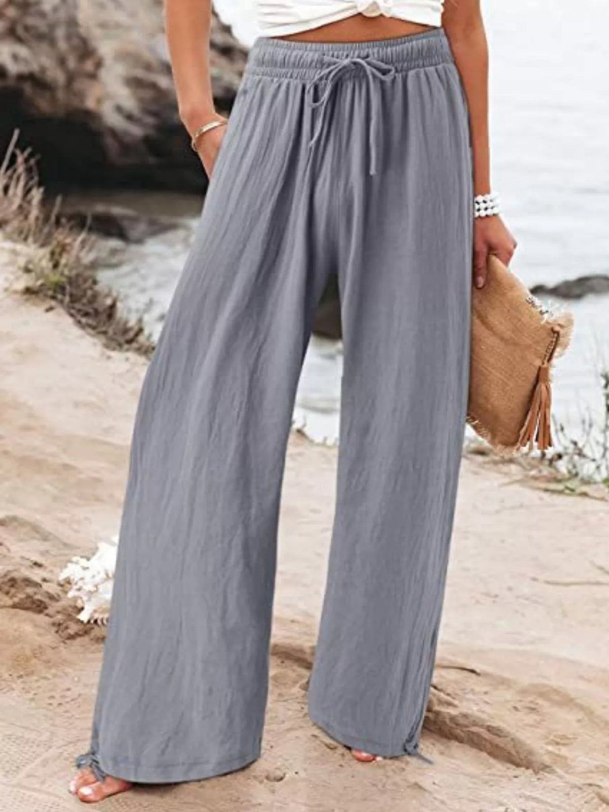 Plush Fashion Hub full-size wide leg pants with drawstring waist, soft plush fabric, plus size, stylish and comfortable.