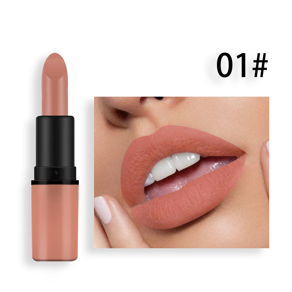 Matte nude lipstick in a black and peach tube next to lips wearing the shade.