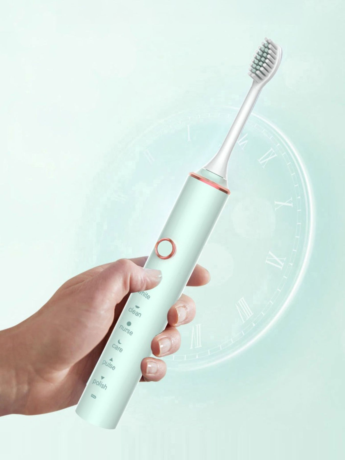8-piece professional electric toothbrush set from Plush Fashion Hub, showing toothbrush heads, handles, and charging base.