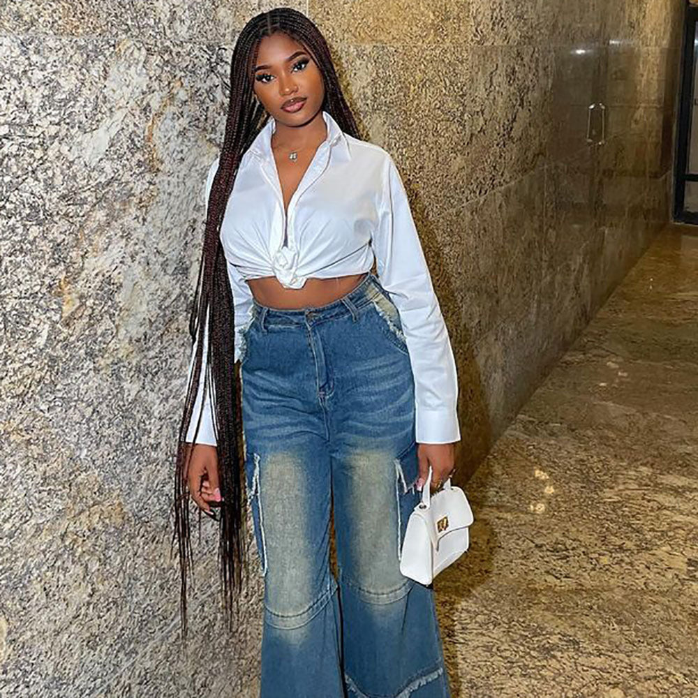 Women’s high-waisted straight-leg retro washed denim pants by Plush Fashion Hub, shown in a classic blue denim style.