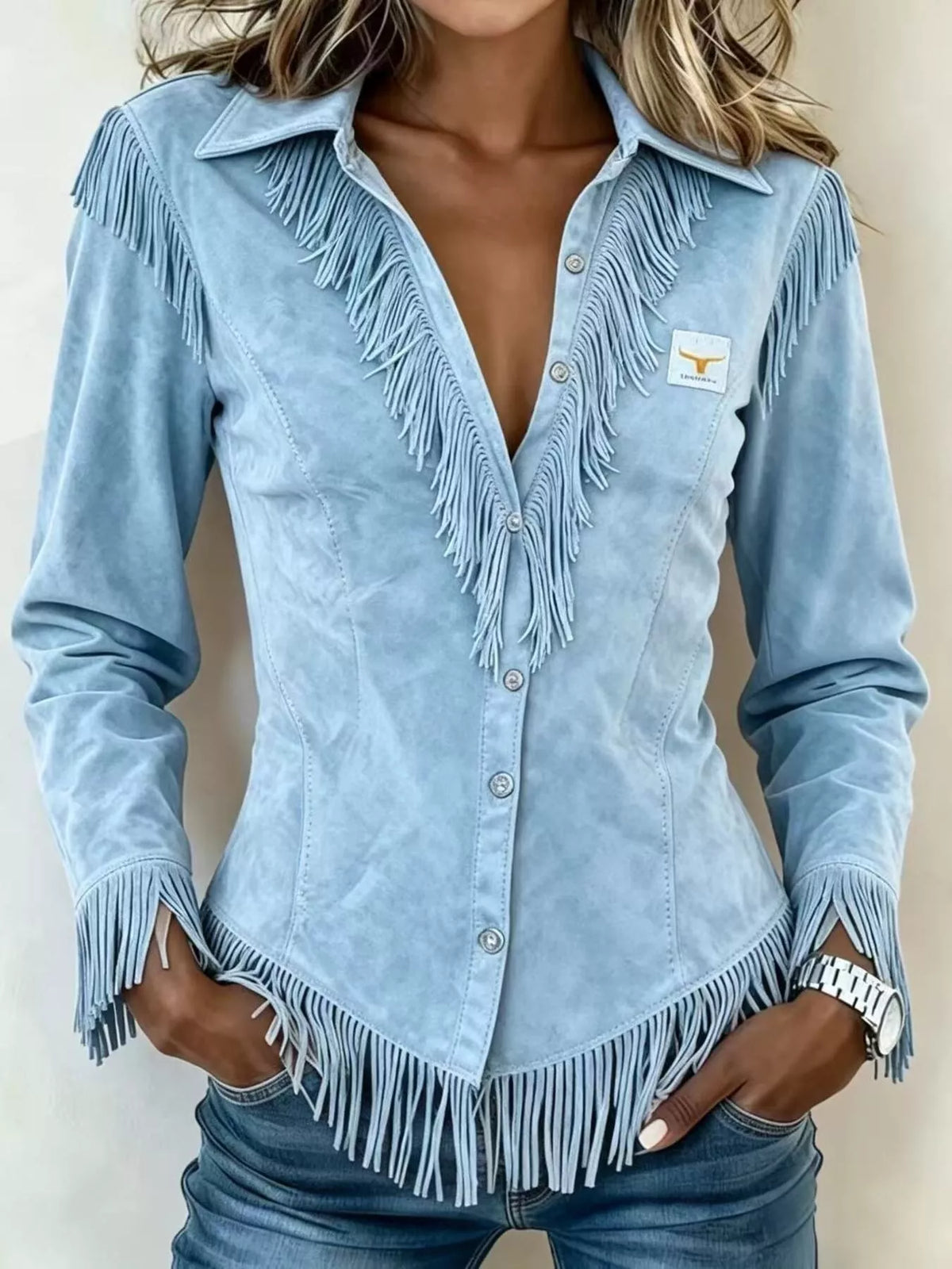 Plus size fringed collared neck shirt from Trendsi, showcasing a full fringed design and classic collar detail.