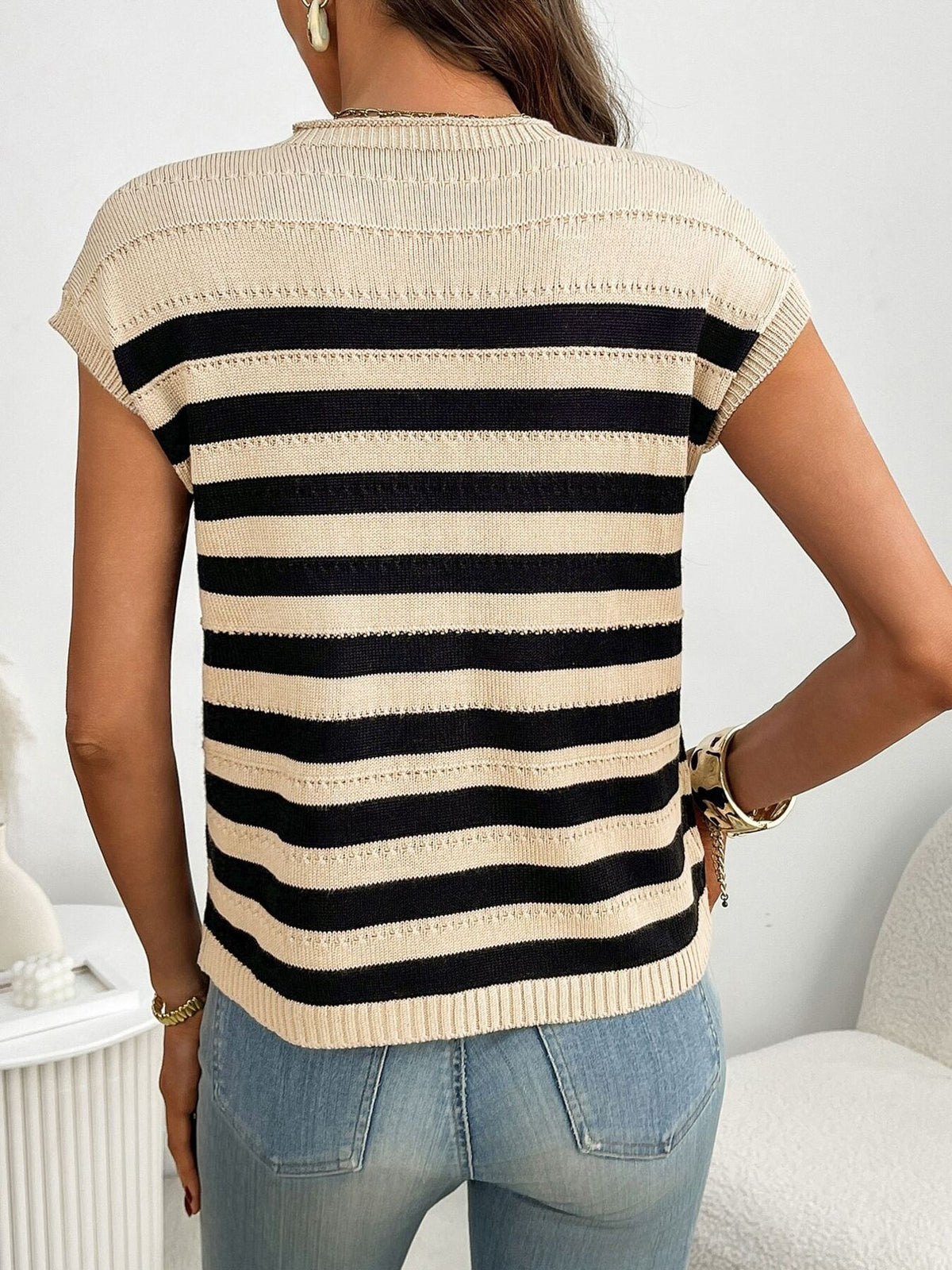 Women’s striped knit cap sleeve sweater with pocket detail, stylish outerwear by Plush Fashion Hub, perfect for casual wear.