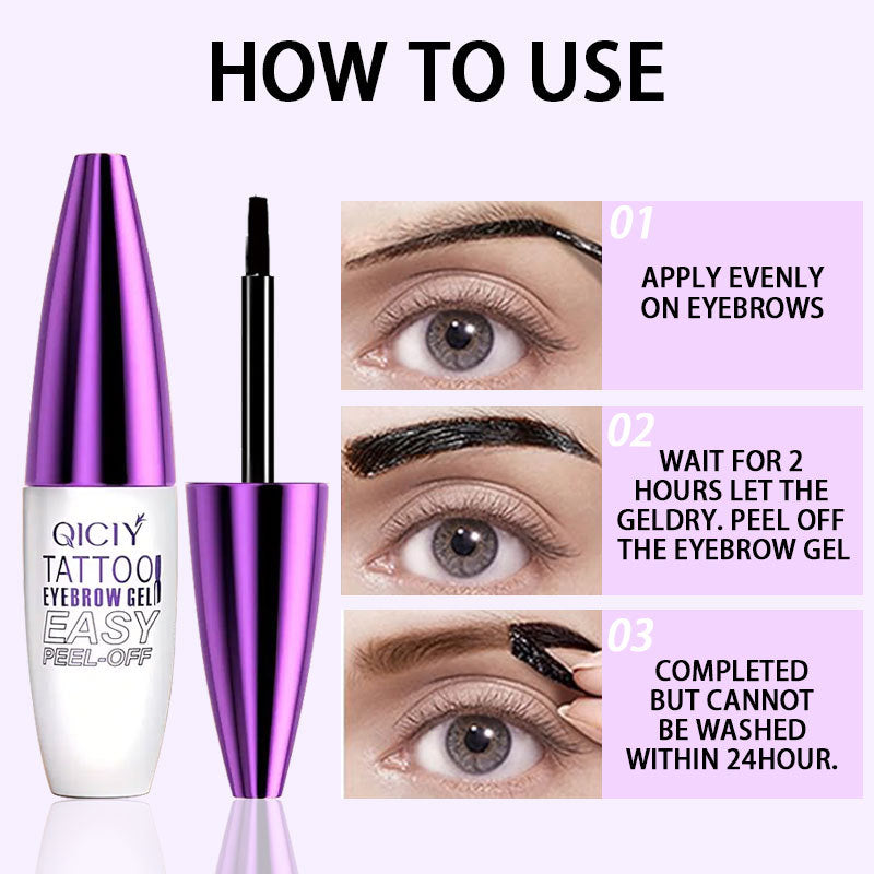 White and purple QICIY tattoo eyebrow gel tube with brush, showing three-step usage guide.