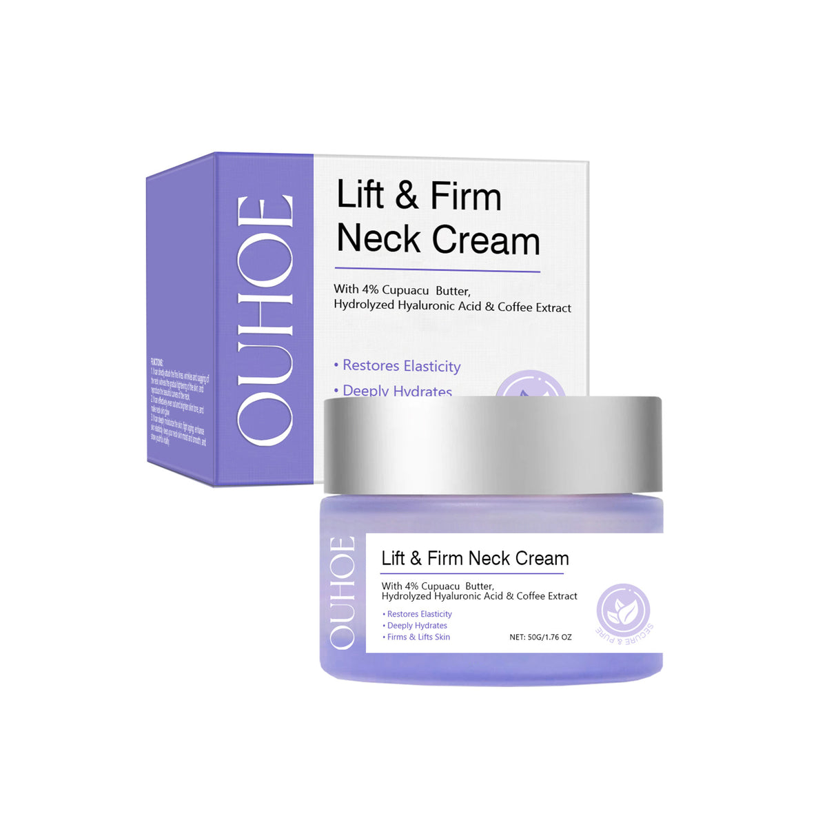 OUHOE Lift & Firm Neck Cream in a purple plastic jar and matching cardboard box with silver lid.