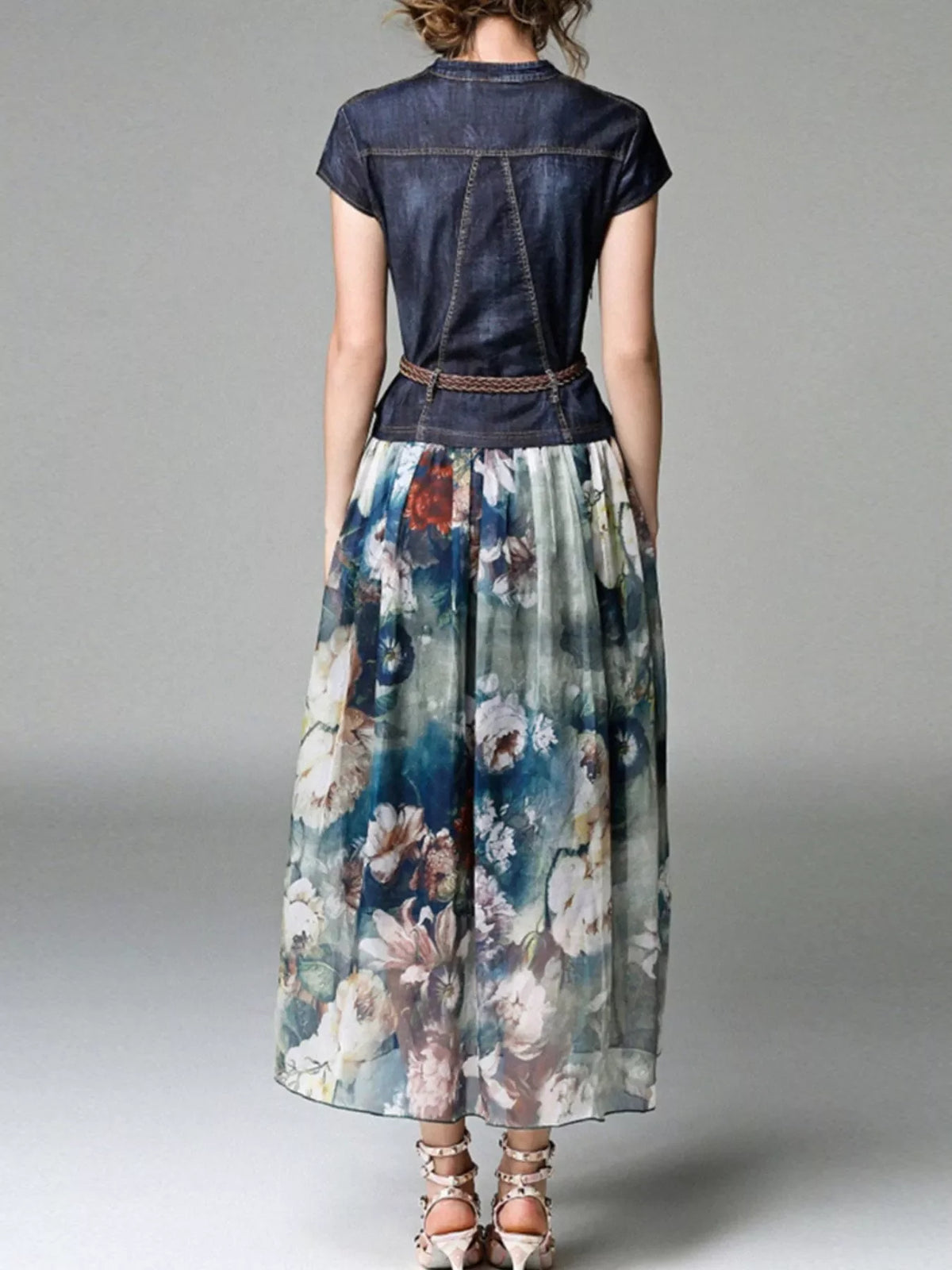 Plus size chiffon patchwork floral print dress from Plush Fashion Hub, featuring flowing fabric and vibrant floral design.