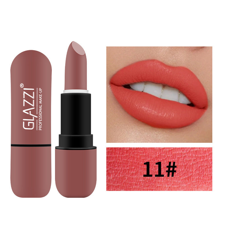 Glazzi 11# matte coral lipstick tube, swatch swatch, and lips wearing the shade.